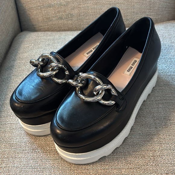 Miu Miu Flatform Platform Chain Loafers Black Loafer Women's US